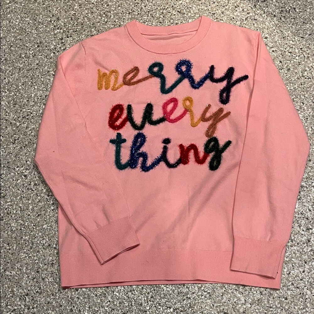 Pink Crew Neck Sweater with Colorful Text NWOT